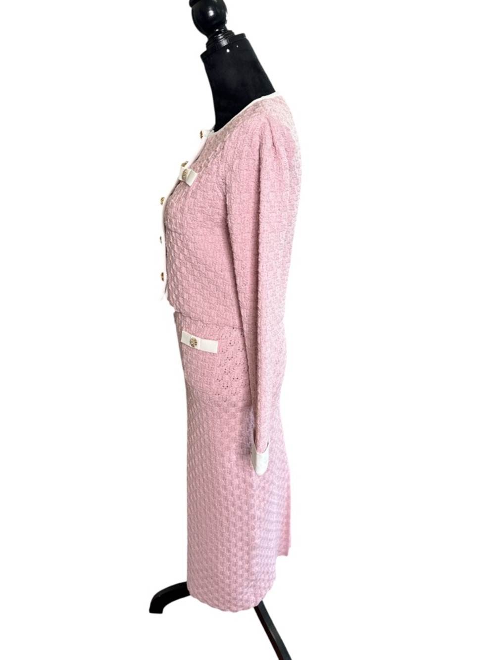 Mable Pink Tweed Knit Skirt Set Gold Button Cardigan Midi Set NWT - Picture 3 of 12